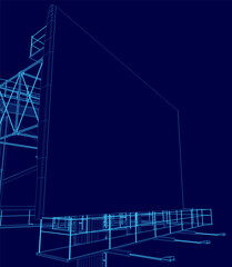 Poster - Blue drawing of a building with a large screen on the side. The building is tall and has a modern design. The screen is large and rectangular, and it is not clear what it is for