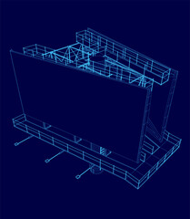 Poster - Blue image of a building with a large screen on the side. The image is in a blue color scheme