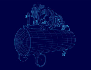 Poster - Blue drawing of a compressor. The compressor is shown in a 3D format, with a blue background. The compressor is a large, industrial piece of equipment, and the drawing captures its size