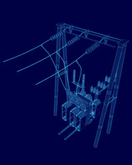 Poster - blue drawing of a power line with a transformer. the drawing is in a 3d format