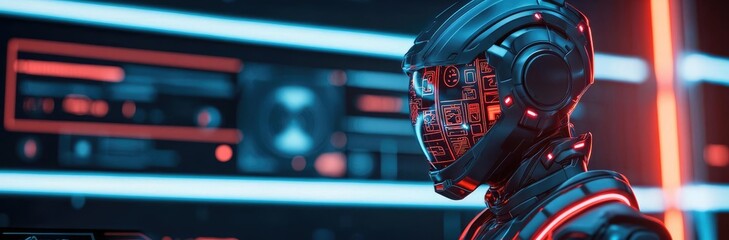 Virtual education ai concept. Futuristic cyborg with glowing elements in a high-tech environment.
