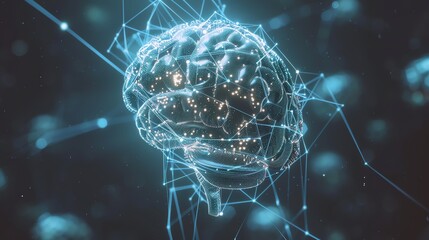Poster - A 3D digital rendering of a human brain with glowing lines and dots, depicting the complex neural network.