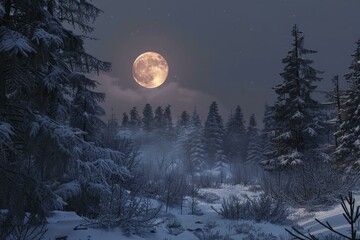 Wall Mural - Snow covered trees and bushes under a full moon in a tranquil winter forest at night