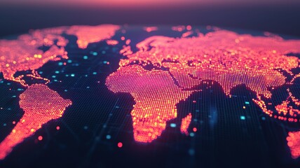 Poster - A vibrant digital representation of a world map, illuminated with pink and blue lights, showcasing geographical features in a tech-inspired design.