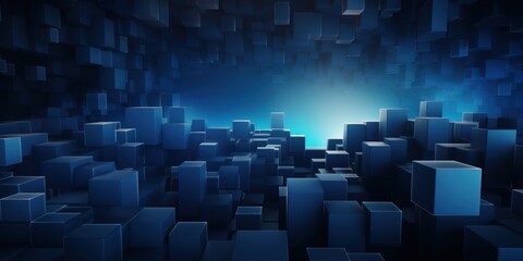 Poster - Abstract Dark Blue Cubes in a 3D Space with Soft Light Background for Artistic and Futuristic Concepts