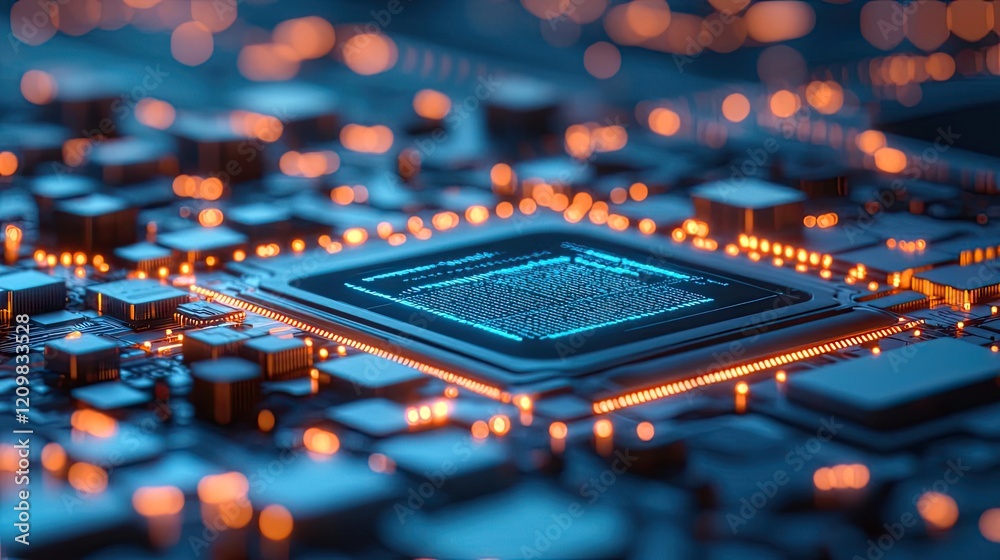 Adaptive learning ai idea. Close-up of a microprocessor chip with ...