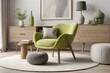 © DARPANA - Neutral concept of living room interior with design Light Lime Green chair, round carpet