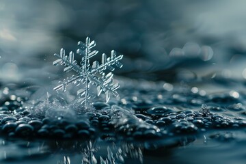 Poster - Close up of snowflake melting on frosty surface, creating a delicate, dreamlike scene with soft bokeh