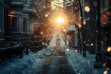 Wall Mural - Snow is falling on a cozy street at sunset, creating a magical winter atmosphere