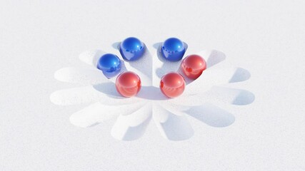 Wall Mural - 3d abstract animation with red and blue spheres on a white background – geometric shapes and seamles