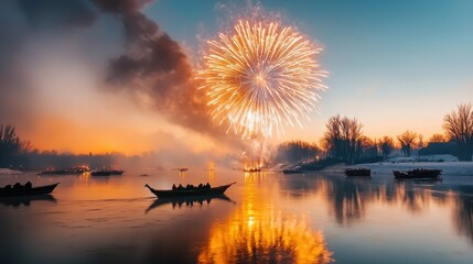 Poster - Stunning Fireworks Display Reflecting on Tranquil Lake at Sunset