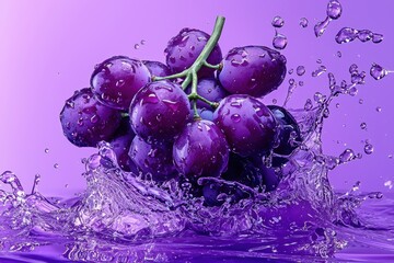 Wall Mural - A close-up photo of a bunch of grapes splashing into water..