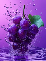 Wall Mural - A close-up photo of a bunch of grapes splashing into water..