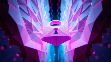Wall Mural - Futuristic UFO, glowing neon lights, vibrant purple and blue colors, energy beams, cosmic background, retro sci-fi aesthetic, ethereal atmosphere, mystical encounter, alien technology, luminous rays, 