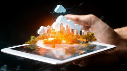 Poster - Digital Landscape with Clouds and Cityscape Emerging from Tablet in Futuristic Setting