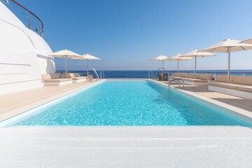 Luxury cruises on comfortable ships Luxury pool with ocean view and sun umbrellas.