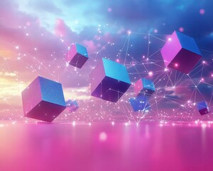 Aufkleber - Abstract digital cubes connected by glowing lines in a vibrant sky.