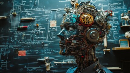 Poster - Futuristic Robot Head with Mechanical Components and Circuitry Design