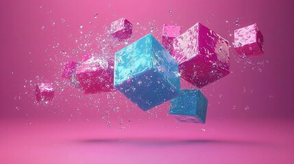 Poster - Pink and blue cubes splashing in water on pink background.
