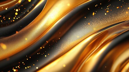 Poster - Smooth Flowing Gold and Black Textures with Sparkling Particles for Elegant Backgrounds and Luxury Designs in High-Resolution 4K Quality
