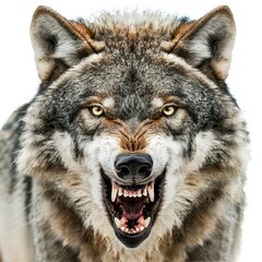 eurasian wolf growling and showing teeth, isolated on white background