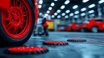 Poster - A close-up view of a red car wheel in a garage, showcasing vibrant colors and tools in the background, highlighting an automotive workshop atmosphere