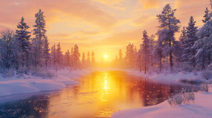 Golden sunset over a frozen winter river with snow-covered