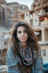 Wall Mural - Young woman with flowing hair and a colorful scarf, posing confidently in front of traditional cliffside dwellings