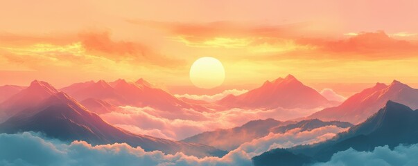 Wall Mural - A dramatic sunrise over a mountain range with clouds below the peaks.