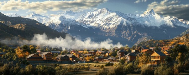 Canvas Print - A quaint village nestled at the foot of snow-capped mountains, with smoke rising from cozy cottages.