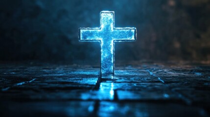 Poster - illuminated ice cross on dark stone surface in dim lighting