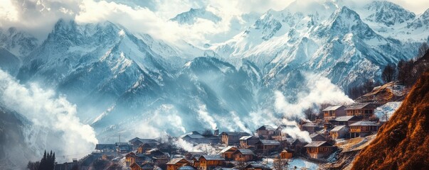 Canvas Print - A quaint village nestled at the foot of snow-capped mountains, with smoke rising from cozy cottages.