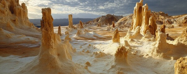 Wall Mural - an otherworldly landscape of alien rock formations and strange geological features, bathed in the li