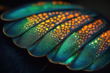 Poster - Close-up of iridescent beetle elytra showcasing vibrant green, blue, and orange patterns.