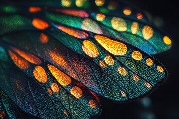 Poster - Close-up of iridescent butterfly wings, showcasing vibrant green, gold, and orange patterns.
