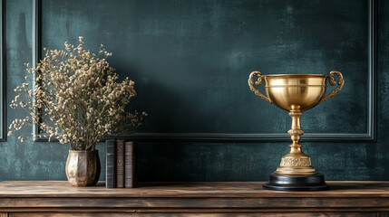 Wall Mural - gold winner’s trophy on a dark green background