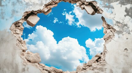Poster - Hole in Wall Revealing Bright Blue Sky and Fluffy White Clouds