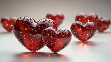 Red glass hearts with water droplets, romantic background.