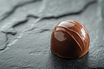 Poster - A single, glossy chocolate rests on a dark slate surface, showcasing its rich brown hue and smooth texture.