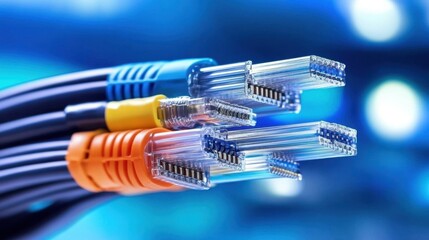 Poster - Colorful Ethernet Cables Connected to Network Switch Against Blur Background