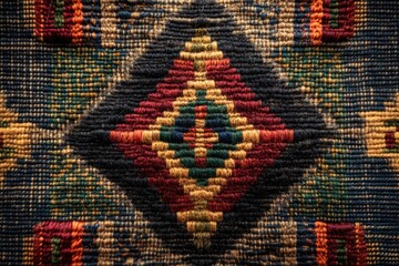 Poster - Close-up view of richly colored, intricately woven textile with geometric diamond pattern.