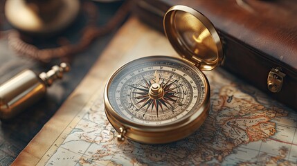 ancient compass resting on an old vintage map, evoking a sense of adventure and exploration.