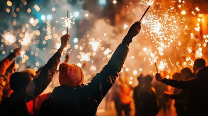 Poster - Lively Fireworks Display Over Enthusiastic Crowd at Vibrant Nighttime