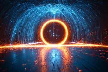 Fototapete - Vibrant display of electric sparks and glowing circles illuminating a dark background
