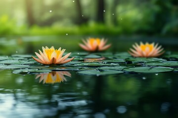 Poster - Beautiful water lilies bloom on a serene pond surrounded by lush greenery in the early morning light
