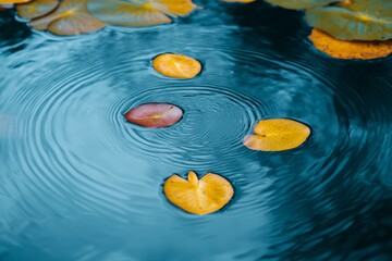 Poster - Floating lily pads create patterns on a tranquil pond during a peaceful afternoon