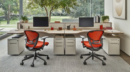 Aufkleber - Modern office with two workstations, ergonomic chairs, and large windows.
