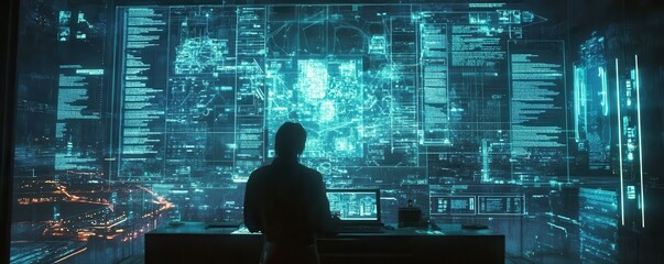 Poster - A scientist analyzing data on a futuristic holographic screen.