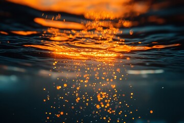 Aufkleber - Bubbles rise to the surface as golden sunlight reflects off the water during sunset at a tranquil lake