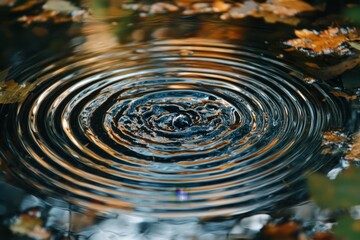 Poster - Ripples expand across a serene pond with autumn leaves floating nearby during a calm afternoon